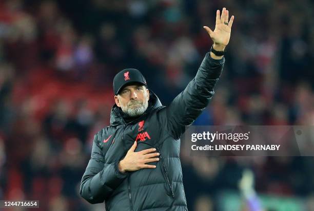 Liverpool's German manager Jurgen Klopp waves to the fans after the final whistle of the English Premier League football match between Liverpool and...