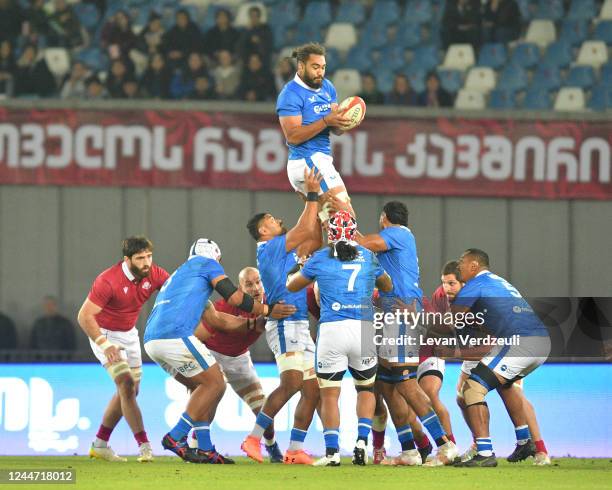 Chris Vui of Samoa wins the ball in lineout during the Autumn International match between Georgia and Samoa at Dinamo Arena on November 12, 2022 in...