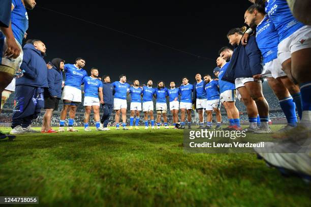 Samoan players gather in circle after full time during the Autumn International match between Georgia and Samoa at Dinamo Arena on November 12, 2022...