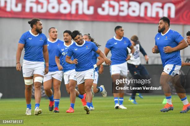 Samoan players warm up during the Autumn International match between Georgia and Samoa at Dinamo Arena on November 12, 2022 in Tbilisi, Georgia.