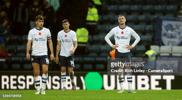 Preston North End players react after Millwall's Charlie Cresswell scored his side's fourth goal during the Sky Bet Championship between Preston...