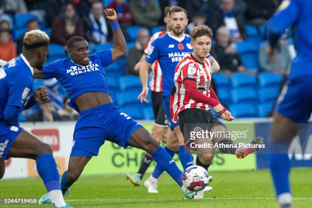 James McAtee of Sheffield United takes a shot at goal during the Sky Bet Championship match between Cardiff City and Sheffield United at the Cardiff...