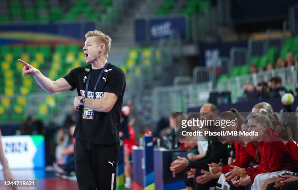 Head coach of Denmark Jesper Haandbaek Jensen reacts during the EHF European Women's Handball main round Group I between Croatia and Denmark at Arena...