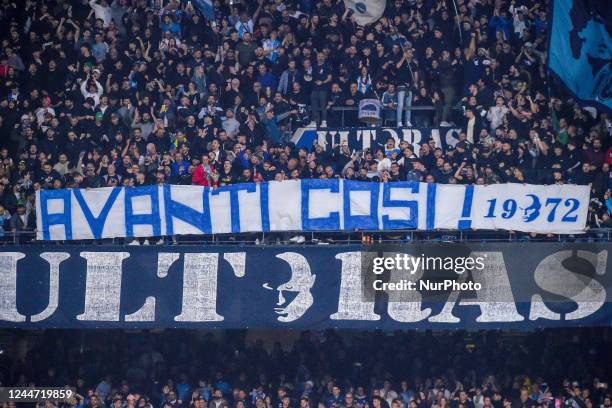 Supporters fans of SSC Napoli celebrate at the end of the Serie A TIM match between SSC Napoli and Udinese Calcio at Stadio San Paolo Naples Italy on...