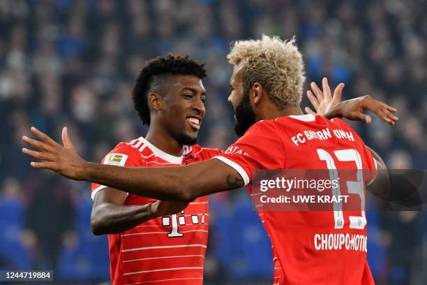 Bayern Munich's Cameroonian forward Eric Maxim Choupo-Moting celebrates scoring his team's second goal with Bayern Munich's French forward Kingsley...