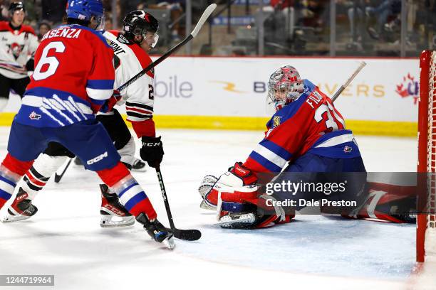 Vincent Fillon of the Moncton Wildcats makes save against Drummondville Voltigeurs at the Avenir Centre on November 11, 2022 in Moncton, New...