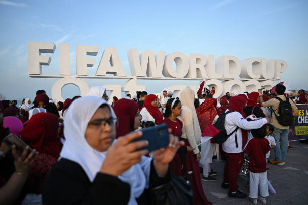 Ladies football fan group gathers by the Corniche in Doha, Qatar on 12 November 2022, one week before the 2022 FIFA World Cup begins.