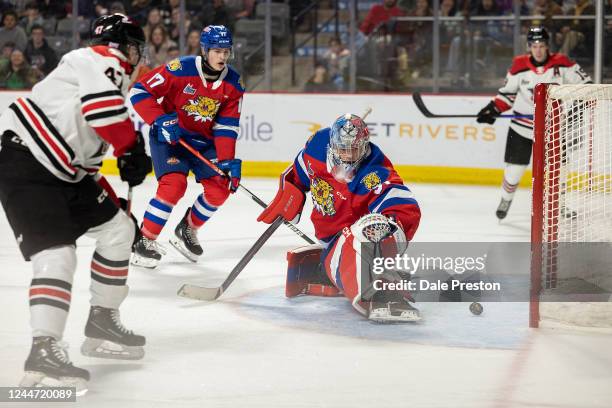 Sam Oliver of the Drummondville Voltigeurs scores against Vincent Filion of the Moncton Wildcats at the Avenir Centre on November 11, 2022 in...