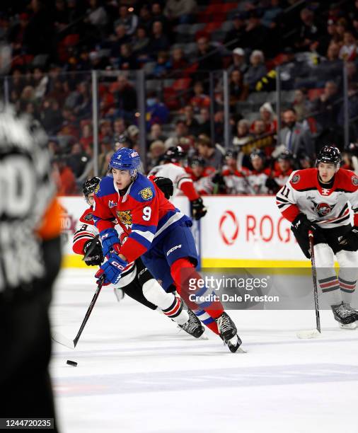Gabe Smith of the Moncton Wildcats skates up ice against Drummondville Voltigeurs at the Avenir Centre on November 11, 2022 in Moncton, New...