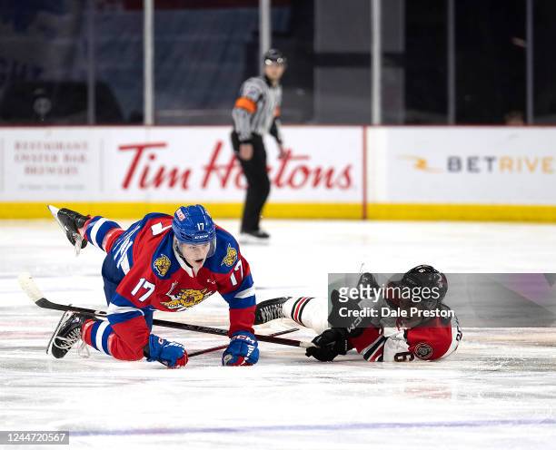 Miles Mueller of the Moncton Wildcats skates against Marc Olivier Beaudry of the Drummondville Voltigeurs at the Avenir Centre on November 11, 2022...