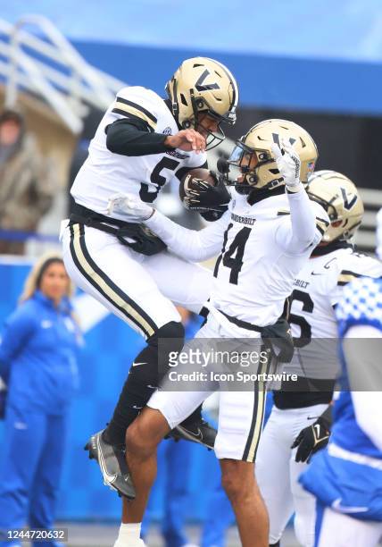 Vanderbilt Commodores quarterback Mike Wright and wide receiver Will Sheppard celebrate a touchdown in a game between the Vanderbilt Commodores and...