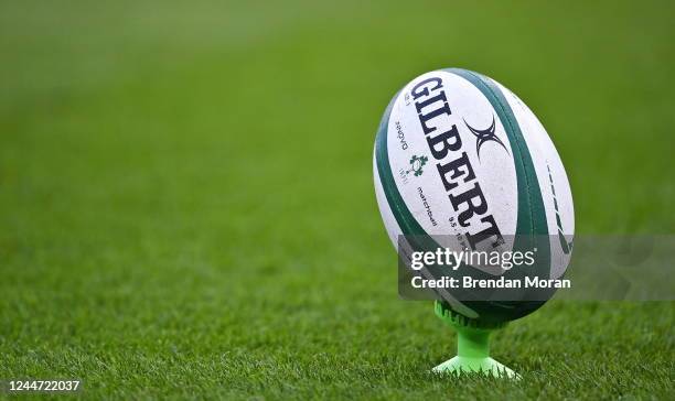 Dublin , Ireland - 12 November 2022; A general view of a rugby ball on a kicking tee during the Bank of Ireland Nations Series match between Ireland...