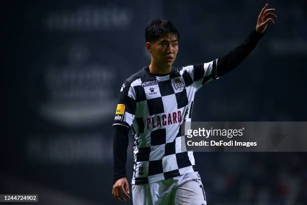 Masaki Watai of Boavista FC gestures during the Liga Portugal Bwin match between Boavista and FC Porto at Estadio do Bessa on November 12, 2022 in...