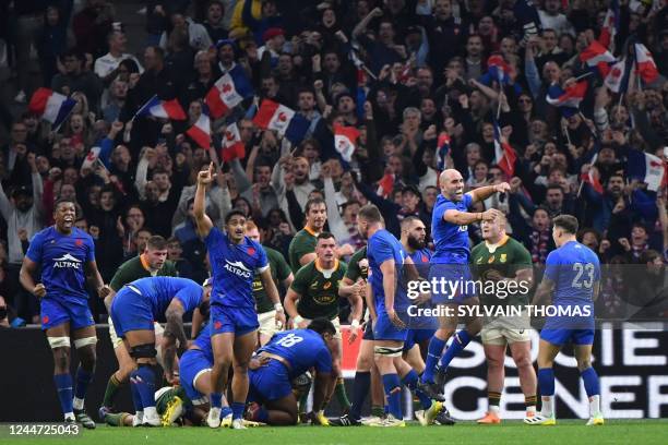 French players celebrate after scoring a try during the Autumn Nations Series rugby union test match between France and South Africa at the Velodrome...