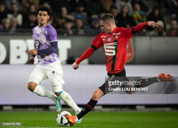 Rennes' French midfielder Benjamin Bourigeaud shoots to score a goal during the French L1 football match between Stade Rennais FC and Toulouse FC at...