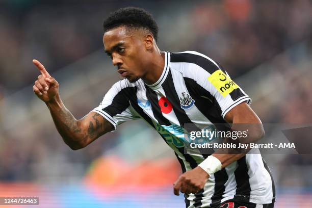 Joe Willock of Newcastle United celebrates after scoring a goal to make it 1-0 during the Premier League match between Newcastle United and Chelsea...