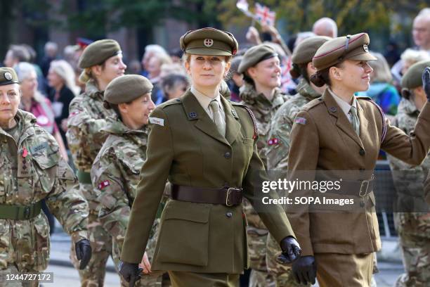 Military personnel march during the parade of the Lord Mayor's Show. The show honours the new Lord Mayor, Nicholas Lyons, the 694th Lord Mayor of the...