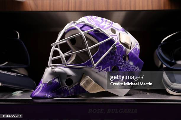 Goalie mask of goaltender Alexander Georgiev of the Colorado Avalanche sits in the locker room prior to the game against the Carolina Hurricanes at...