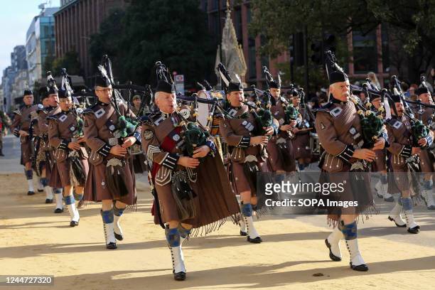 Military personnel march during the parade of the Lord Mayor's Show. The show honours the new Lord Mayor, Nicholas Lyons, the 694th Lord Mayor of the...