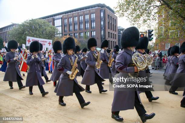 Military personnel march during the parade of the Lord Mayor's Show. The show honours the new Lord Mayor, Nicholas Lyons, the 694th Lord Mayor of the...