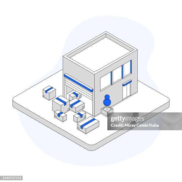 isometric cargo warehouse line style concept - isometric warehouse stock illustrations