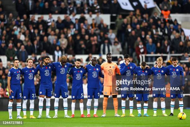 Players of Chelsea pay their respects in remembrance during the Premier League match between Newcastle United and Chelsea FC at St. James Park on...