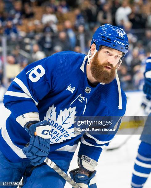 Jordie Benn of the Toronto Maple Leafs warms up before facing the Vancouver Canucks at the Scotiabank Arena on November 12, 2022 in Toronto, Ontario,...