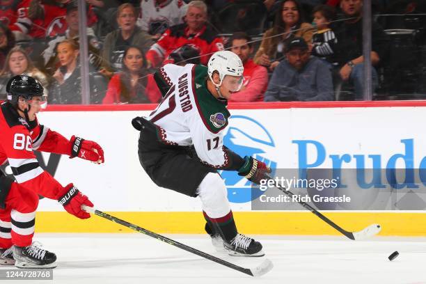 Nick Bjugstad of the Arizona Coyotes skates in the first period of the game against the New Jersey Devils on November 12, 2022 at the Prudential...