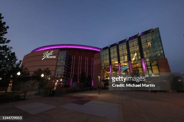 General view of Ball Arena lit up with lavender colored lighting for Hockey Fights Cancer prior to the Colorado Avalanche against the Carolina...
