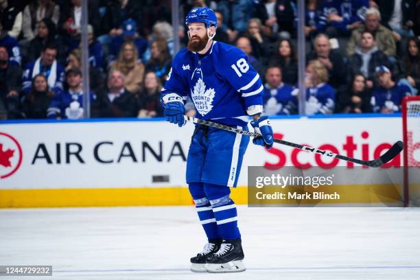 Jordie Benn of the Toronto Maple Leafs skates against the Vancouver Canucks during the first period at the Scotiabank Arena on November 12, 2022 in...