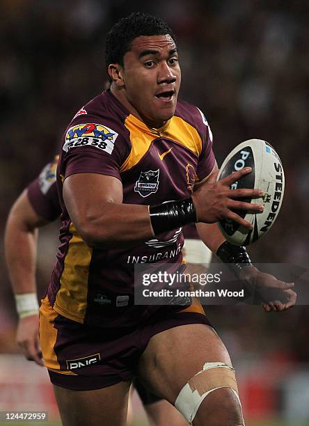 David Hala of the Broncos in attack during the NRL 2nd Qualifying Final match between the Brisbane Broncos and the Warriors at Suncorp Stadium on...