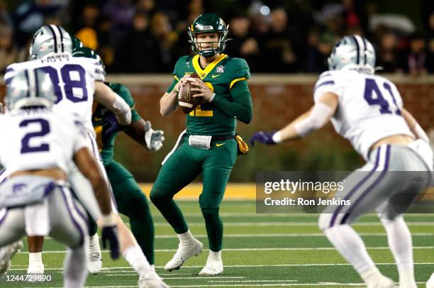 Blake Shapen of the Baylor Bears looks to throw against the Kansas State Wildcats in the first half of the game at McLane Stadium on November 12,...