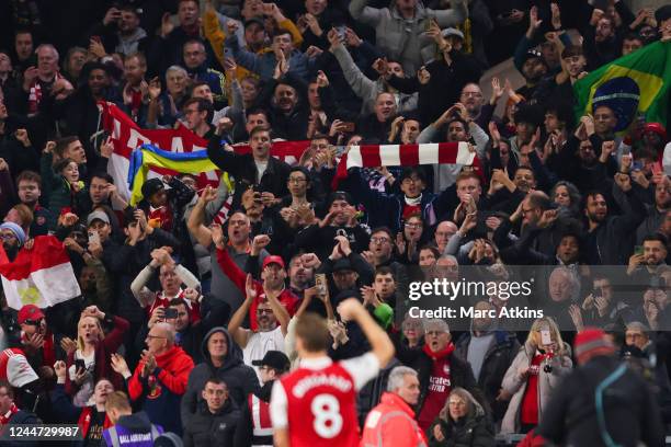 Martin Odegaard of Arsenal celebrates in front of the fans after the Premier League match between Wolverhampton Wanderers and Arsenal FC at Molineux...