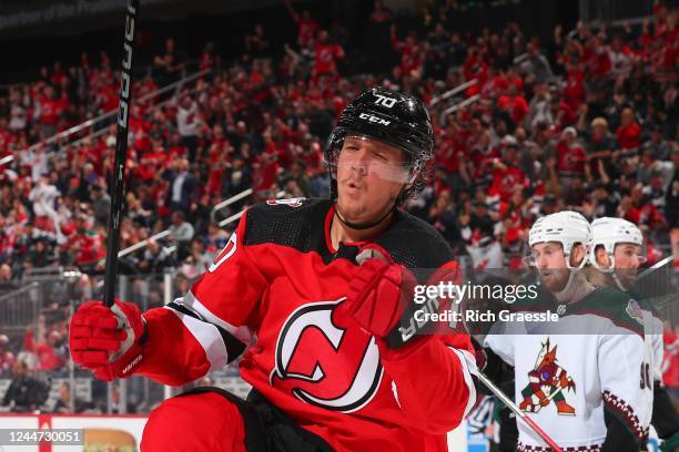 Jesper Boqvist of the New Jersey Devils celebrates his goal in the second period of the game against the Arizona Coyotes on November 12, 2022 at the...