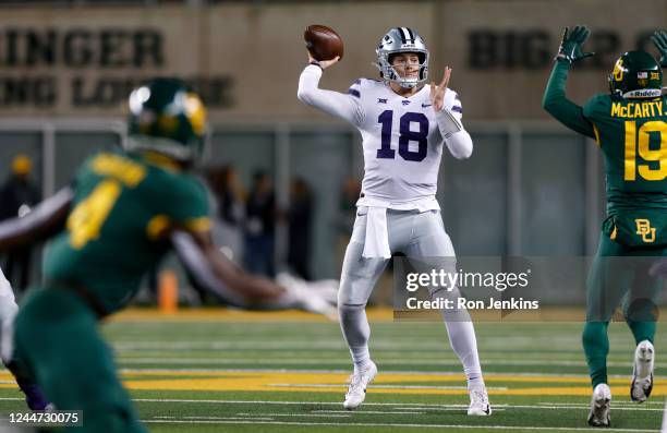 Will Howard of the Kansas State Wildcats throws the ball against the Baylor Bears in the first half of the game at McLane Stadium on November 12,...