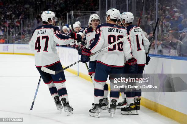 Emil Bemstrom of the Columbus Blue Jackets celebrates his second period goal against the New York Islanders at UBS Arena on November 12, 2022 in...