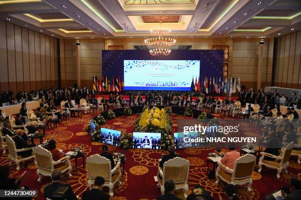 General view shows heads of state, diplomats and members of the media at the ASEAN Global Dialogue forum during the 40th and 41st Association of...
