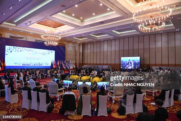 General view shows heads of state, diplomats and members of the media at the ASEAN Global Dialogue forum during the 40th and 41st Association of...