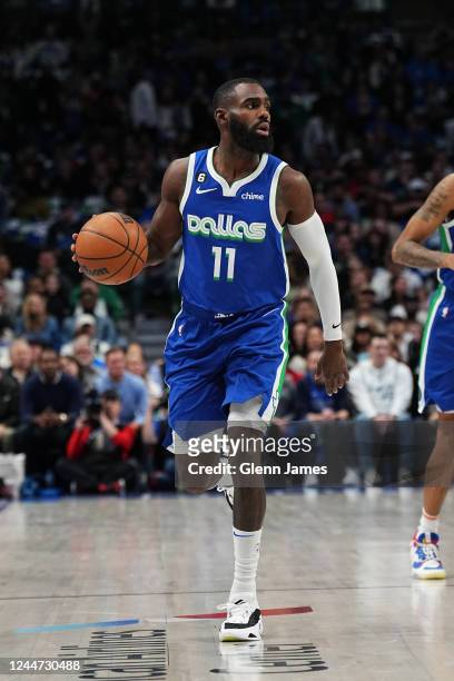 Tim Hardaway Jr. #11 of the Dallas Mavericks dribbles the ball during the game against the Portland Trail Blazers on November 12, 2022 at the...