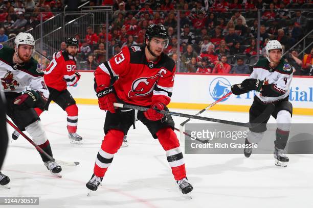 Nico Hischier of the New Jersey Devils skates in the second period of the game against the Arizona Coyotes on November 12, 2022 at the Prudential...