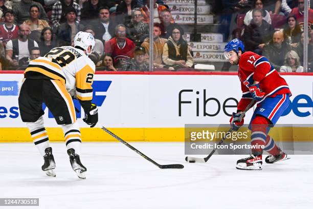 Montreal Canadiens right wing Josh Anderson plays the puck during the Pittsburgh Penguins versus the Montreal Canadiens game on November 12 at Bell...