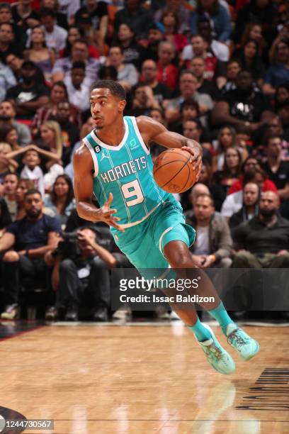 Theo Maledon of the Charlotte Hornets dribbles the ball during the game against the Miami Heat on November 12, 2022 at FTX Arena in Miami, Florida....