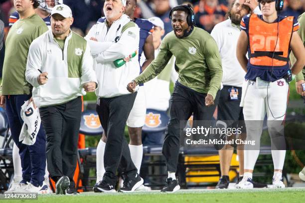 Interim head coach Carnell Williams of the Auburn Tigers reacts to a play during the first half of their game against the Texas A&M Aggies at...