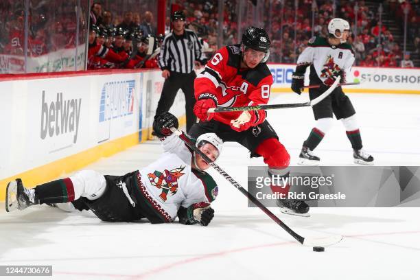 Jack Hughes of the New Jersey Devils skates in the second period of the game against the Arizona Coyotes on November 12, 2022 at the Prudential...