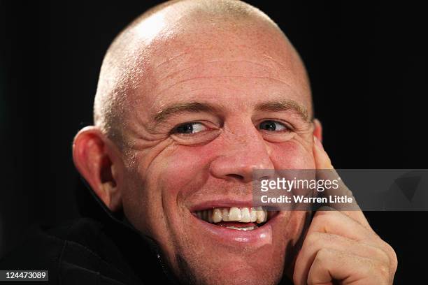 Mike Tindall of England speaks to the media in a press conference after the IRB 2011 Rugby World Cup Pool B match between Argentina and England at...
