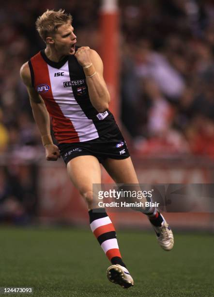 Nick Riewoldt of the Saints celebrates a goal during the AFL Second Elimination Final match between the St Kilda Saints and the Sydney Swans at...