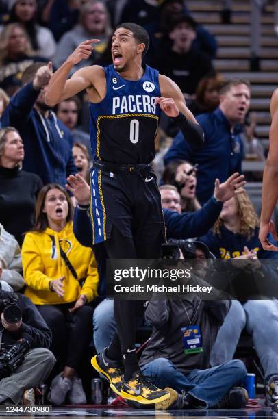 Tyrese Haliburton of the Indiana Pacers reacts during the second half of the game against the Toronto Raptors at Gainbridge Fieldhouse on November...
