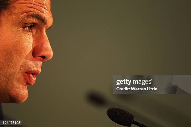 England manager Martin Johnson speaks to the media in a press conference after the IRB 2011 Rugby World Cup Pool B match between Argentina and...