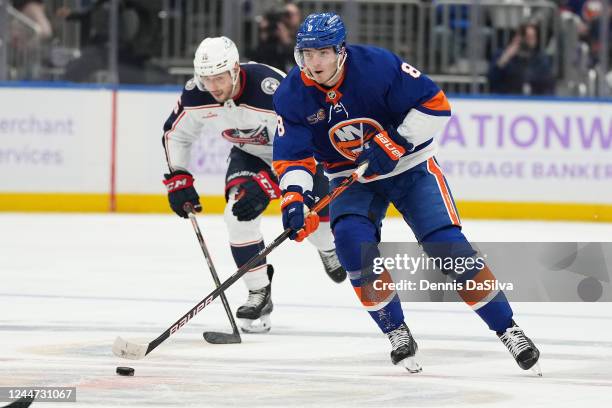 Noah Dobson of the New York Islanders skates against the Columbus Blue Jackets at UBS Arena on November 12, 2022 in Elmont, New York.