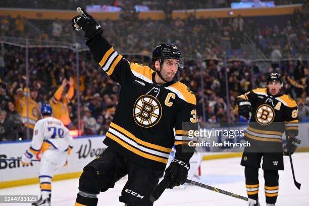 Patrice Bergeron of the Boston Bruins celebrates after scoring a third period goal against the Buffalo Sabres during an NHL game on November 12, 2022...